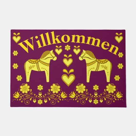 2人のフォークのDalaの馬、金ゴールドまたはプラムWillkommenの歓迎 ドアマット (正面)