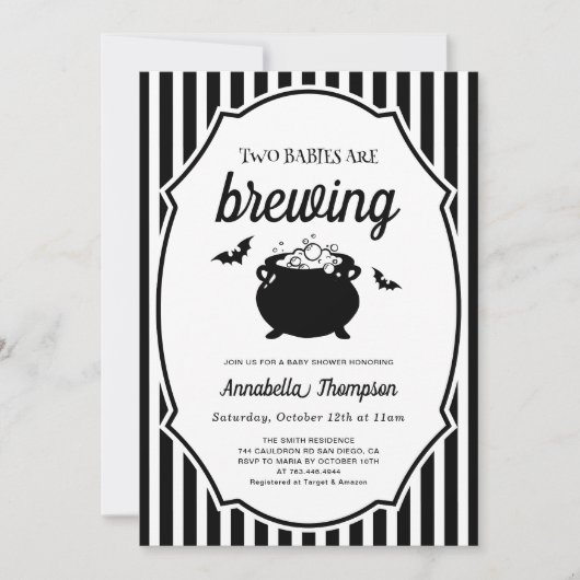 2人のベビーが双子ハロウィーンの赤ちゃんシャワーを醸造している 招待状 (正面)