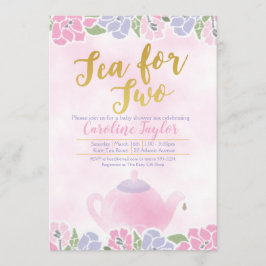 2人のベビーシャワー用水彩茶ピンク金ゴールド 招待状