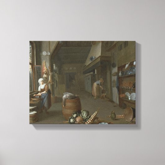 2人のメイドが料理を準備するキッチンインテリア キャンバスプリント (正面)