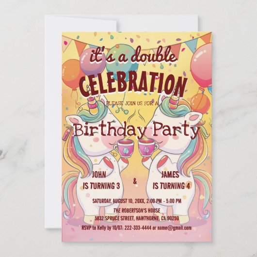 2人のユニコーンとバルーンのダブル誕生日パーティー 招待状 (正面)