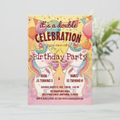 2人のユニコーンとバルーンのダブル誕生日パーティー 招待状 (スタンド正面)