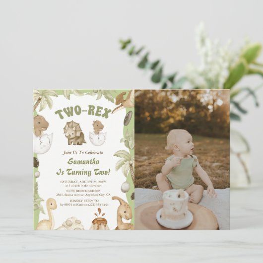 2人のレックス恐竜の少年2nd誕生日パーティー写真 招待状 (スタンド正面)