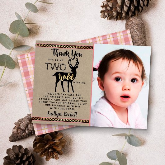 2人のワイルドガールズウッドランドディアー2ndバースデーフォト サンキューカード