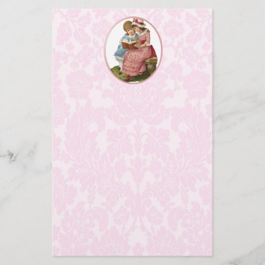 2人のヴィンテージの女読の子が本を読む 便箋 (正面)