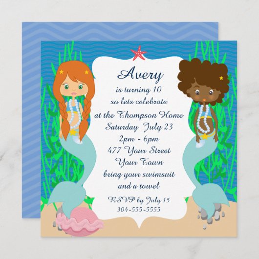 2人の人魚プールパーティー 招待状 (正面/裏面)
