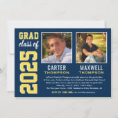 2人の卒業生ネイビーイエロー卒業パーティーの写真 招待状 (正面)