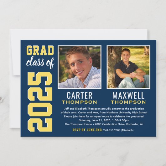 2人の卒業生ネイビーイエロー卒業パーティーの写真 招待状 (正面)