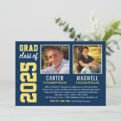 2人の卒業生ネイビーイエロー卒業パーティーの写真 招待状 (スタンド正面)