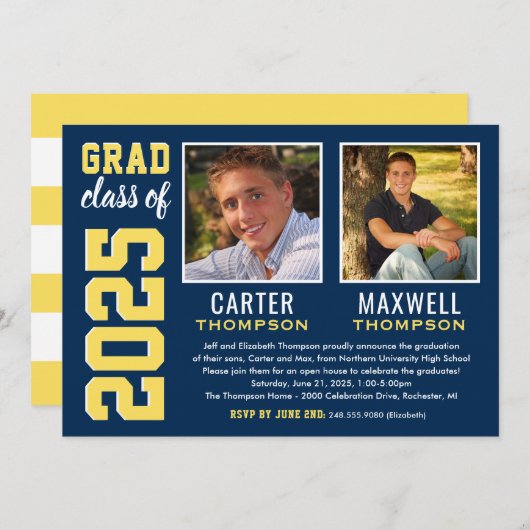 2人の卒業生ネイビーイエロー卒業パーティーの写真 招待状 (正面/裏面)