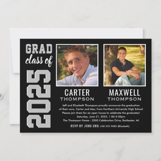 2人の卒業生ブラックグレー卒業パーティーの写真 招待状 (正面)
