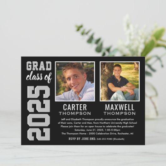 2人の卒業生ブラックグレー卒業パーティーの写真 招待状 (スタンド正面)