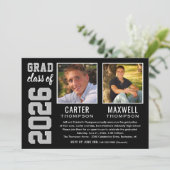 2人の卒業生ブラックグレー卒業パーティーの写真 招待状 (スタンド正面)