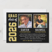 2人の卒業生 ブラック ゴールド 卒業パーティーの写真 招待状 (正面)