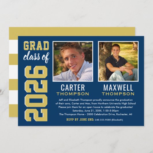 2人の卒業生Navy金ゴールド卒業パーティーの写真 招待状 (正面/裏面)