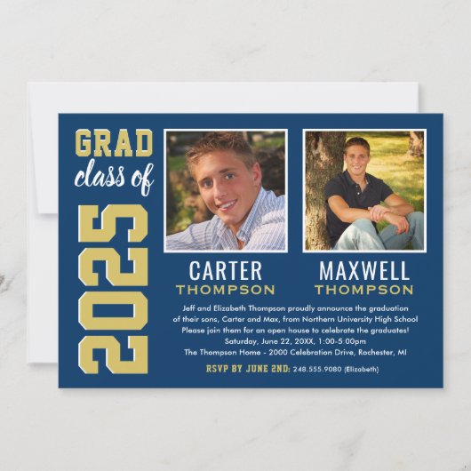 2人の卒業生Navy金ゴールド卒業パーティーの写真 招待状 (正面)