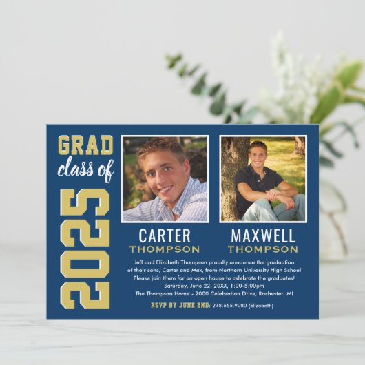 2人の卒業生Navy金ゴールド卒業パーティーの写真 招待状 (スタンド正面)