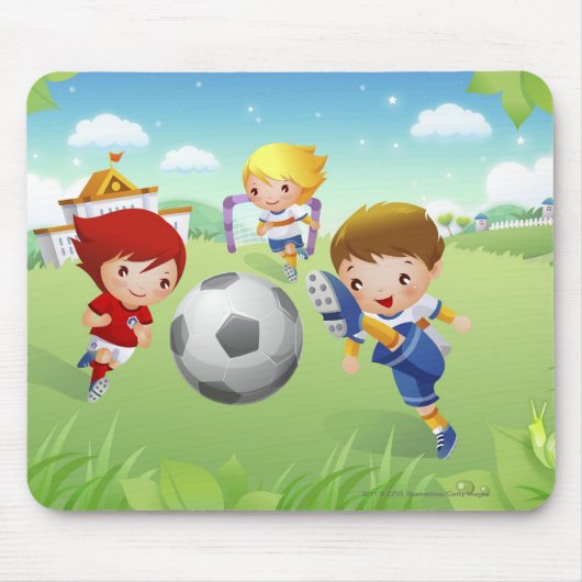 2人の女の子およびサッカーを遊んでいる男の子 マウスパッド (正面)