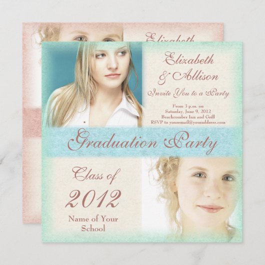 2人の女の子からの卒業のパーティの招待状 招待状 (正面/裏面)