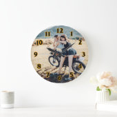 2人の女の子がバイクに乗る ラージ壁時計 (ホーム)