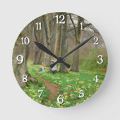 2人の女の子が春林で花を摘む ラウンド壁時計 (正面)