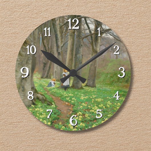 2人の女の子が春林で花を摘む ラウンド壁時計