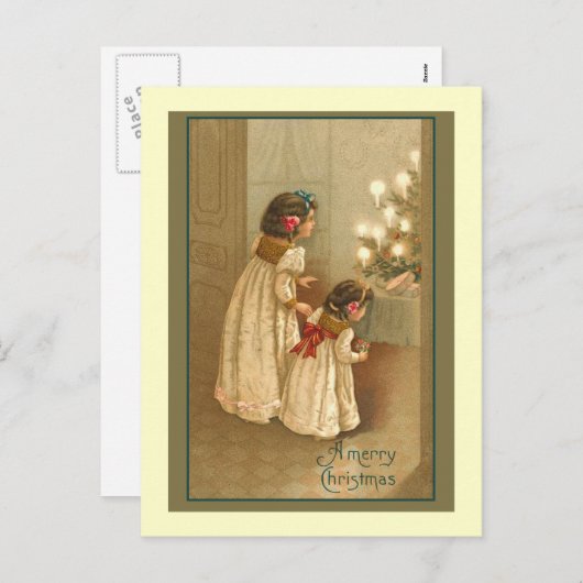 2人の女の子と一緒に楽しいクリスマスビクトリアン。 シーズンポストカード (正面/裏面)
