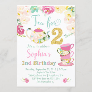 2人の女の子のためのお茶2歳の誕生日招待状 招待状