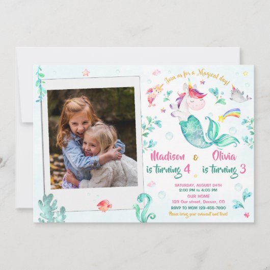 2人の女の子のためのフォトメルミコーンの誕生日の招待 招待状 (正面)