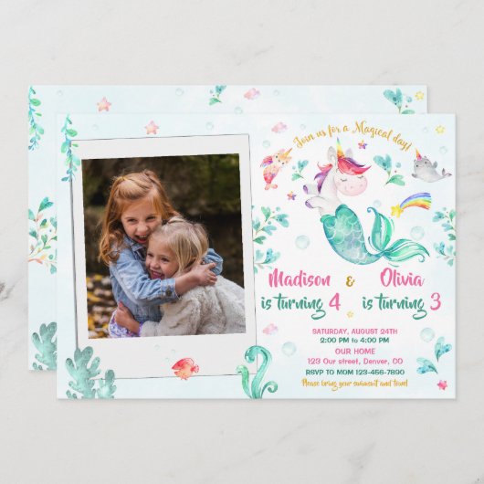 2人の女の子のためのフォトメルミコーンの誕生日の招待 招待状 (正面/裏面)