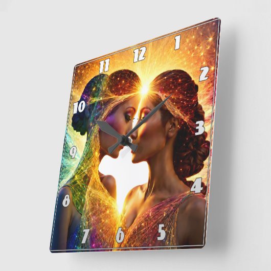 2人の女性がエネルギオーラカラフルで抱き締める スクエア壁時計 (傾斜)
