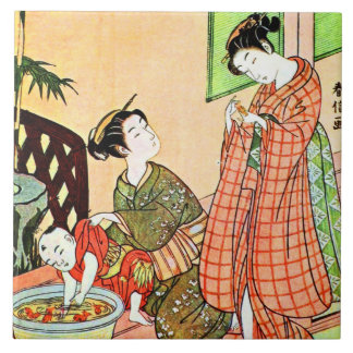 2人の女性の話すことのヴィンテージの日本のな絵画 タイル