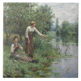 2人の女性魚釣りオンザグラスバイザリバー タイル