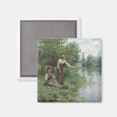 2人の女性魚釣りオンザグラスバイザリバー マグネット (正面/裏面)