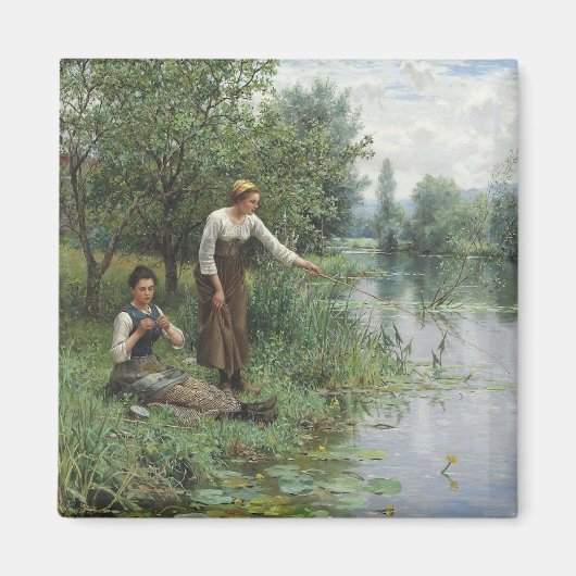 2人の女性魚釣りオンザグラスバイザリバー マグネット (正面)