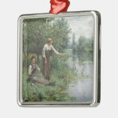 2人の女性魚釣りオンザグラスバイザリバー メタルオーナメント (左)