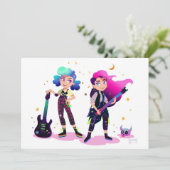 2人の女遊の子のロックギターの一緒のカード 招待状 (スタンド正面)