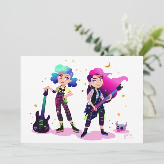 2人の女遊の子のロックギターの一緒のカード 招待状 (スタンド正面)