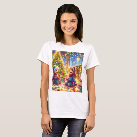 2人の子供が一緒に過ごす遊クリスマスシーン Tシャツ (正面フル)
