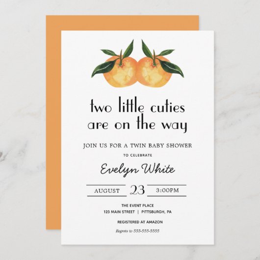 2人の小さなかわいこちゃんがツインベイビーシャワーの途中にある 招待状 (正面/裏面)