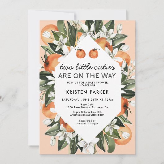 2人の小さなかわいこちゃんがツインベイビーシャワーの途中にある 招待状 (正面)