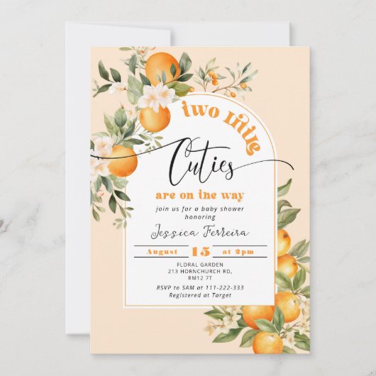 2人の小さなかわいこちゃんが双子の赤ちゃんシャワーの途中にある 招待状 (正面)
