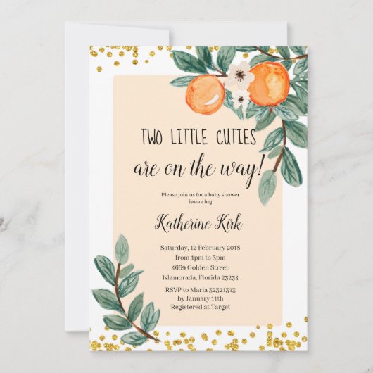 2人の小さなかわいこちゃんが赤ちゃんシャワーの途中にある 招待状 (正面)