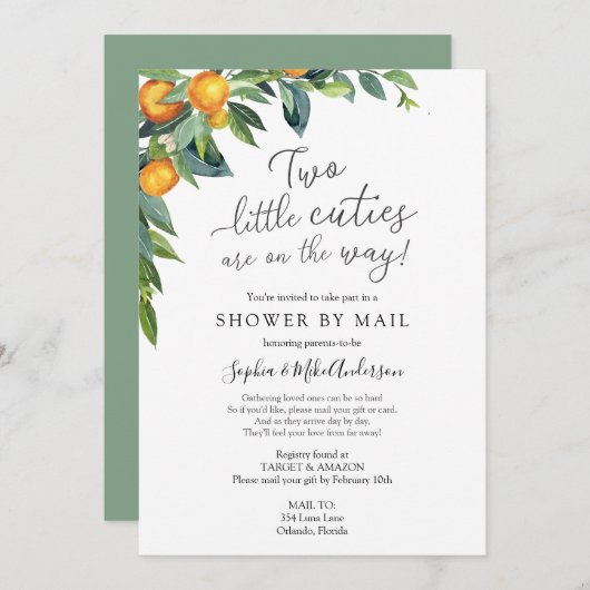 2人の小さなかわいこちゃんの赤ちゃんシャワー（郵便） 招待状 (正面/裏面)