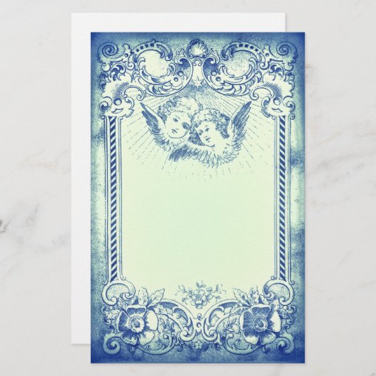 2人の小さなクリスマス天使と青い縁ど色 便箋 (正面/裏面)