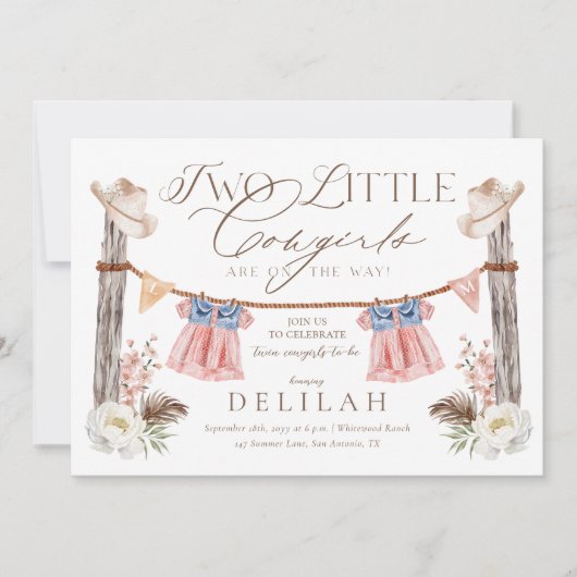 2人の小さな女性のカーボーイが赤ちゃんのシャワーを途中にある 招待状 (正面)