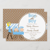 2人の少年がベビーカーのベビーシャワー招待状 招待状 (正面/裏面)