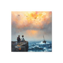 2人の少年が海でボートを見る