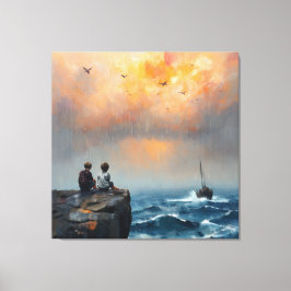 2人の少年が海でボートを見る キャンバスプリント