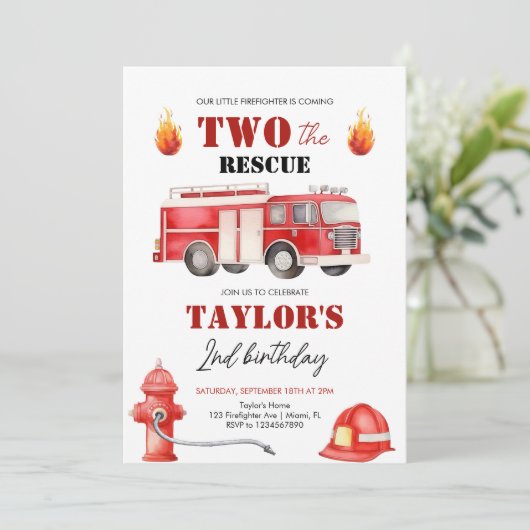 2人の救助消防車の少年たち2歳の誕生日 招待状 (スタンド正面)